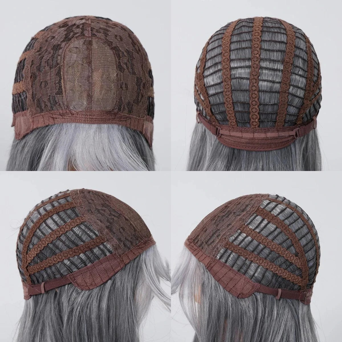 Four views of a silver wig on a white background.