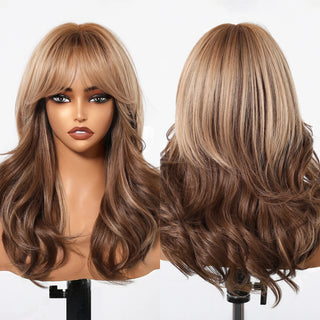Front view of long layered honey brown bang wig with face-framing blonde highlights on mannequin
