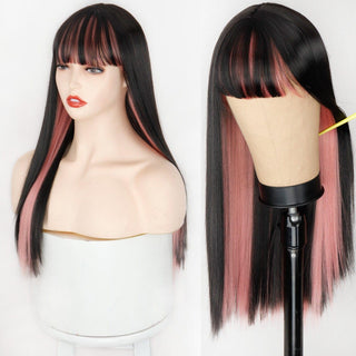 Front view of long straight pink and black split wig with full bangs on mannequin head
