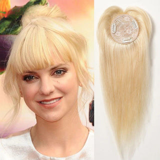 Front view of 14-inch Remy human hair topper in bleac blonde on a model
