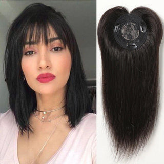 Front view of 14-inch Remy human hair topper in natural black ona model
