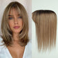 Model wearing Remy hair topper in light brown, showcasing natural hairline and volume