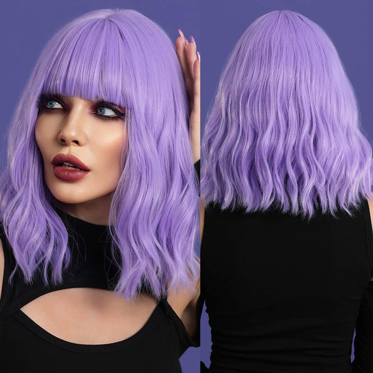 Model wearing a Violet Purple Wig - Front and Rear View