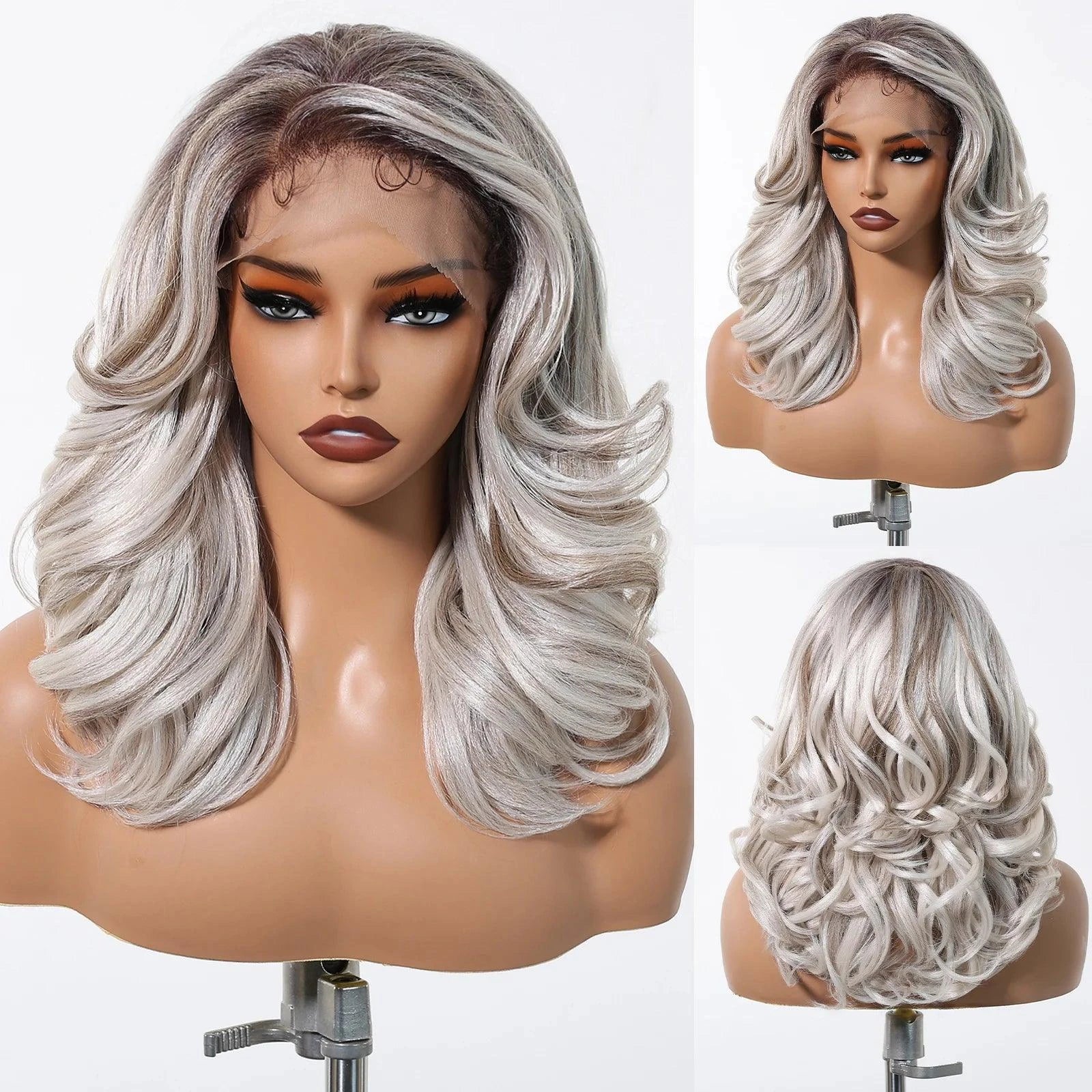 Front and back view of long silver grey lace front wig displayed on mannequin head