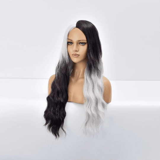 Front view of black and white wig on mannequin – split dye design with centre part
