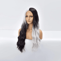 Front view of black and white wig on mannequin – split dye design with centre part