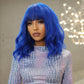 Front view of long royal blue synthetic wig for cosplay