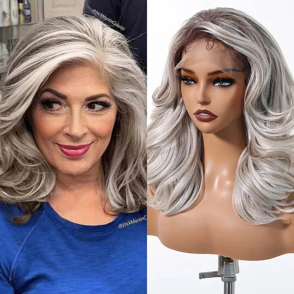 Front view of long silver grey lace front wig displayed on mannequin head
