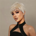 Front view of model wearing blonde wig short bob style