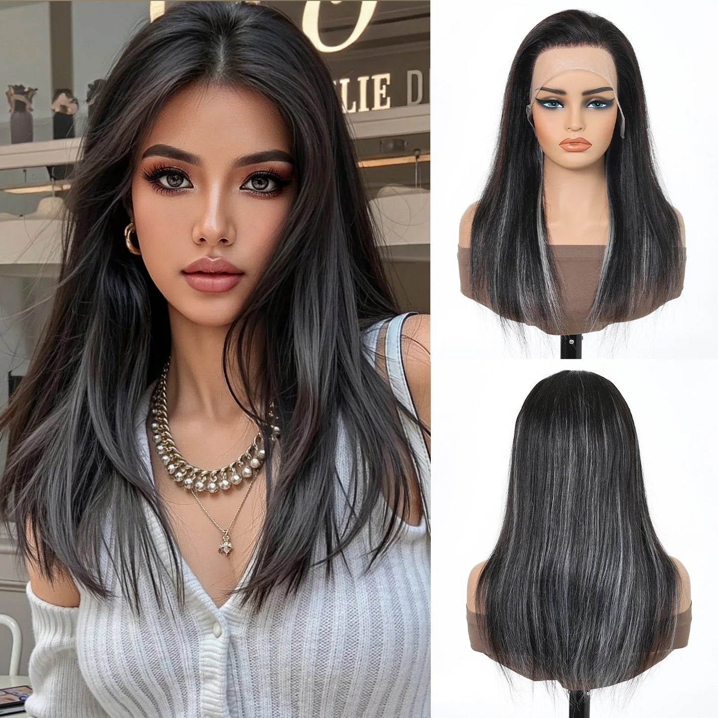 Glueless Lace Front Wigs Black and Grey