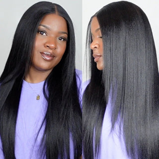 Glueless U Part Wig Human Hair – Yaki straight texture close-up