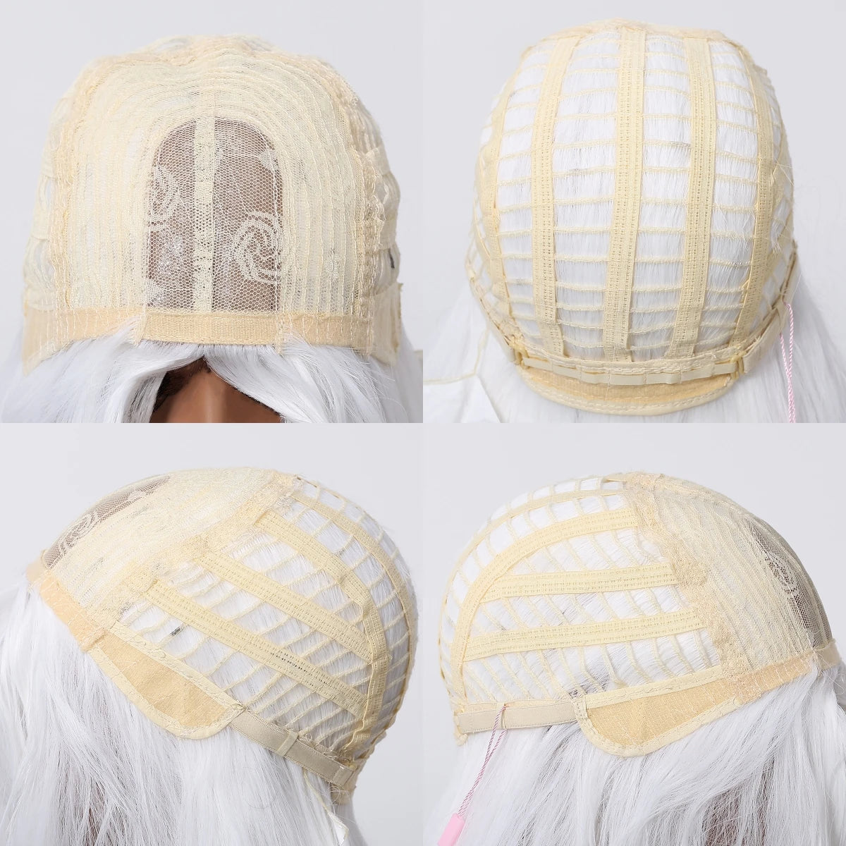 Glueless cap White long wavy wig shown on mannequin 