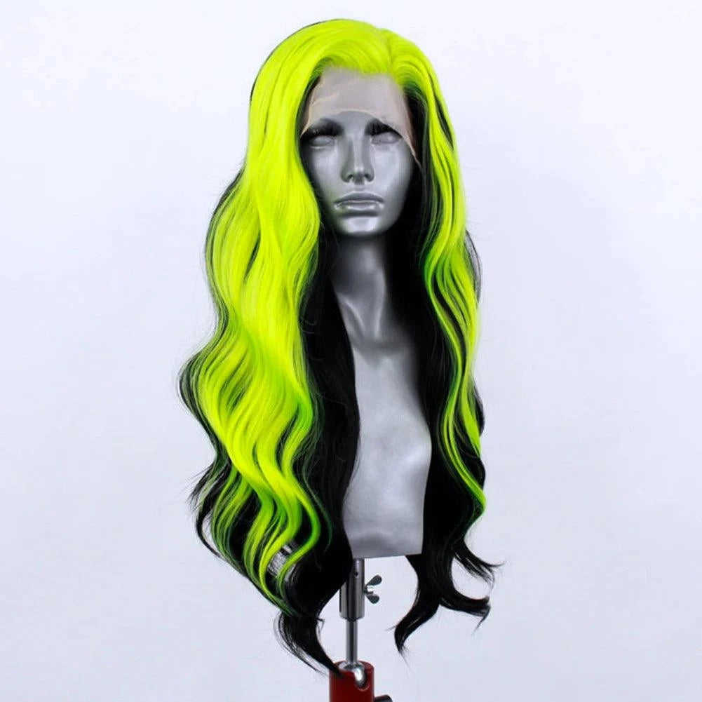 Gothic cosplay wig in black with neon green highlights and waves