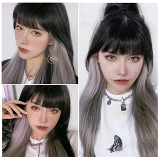 Gothic cosplay wig with sleek black base and silver-grey highlights