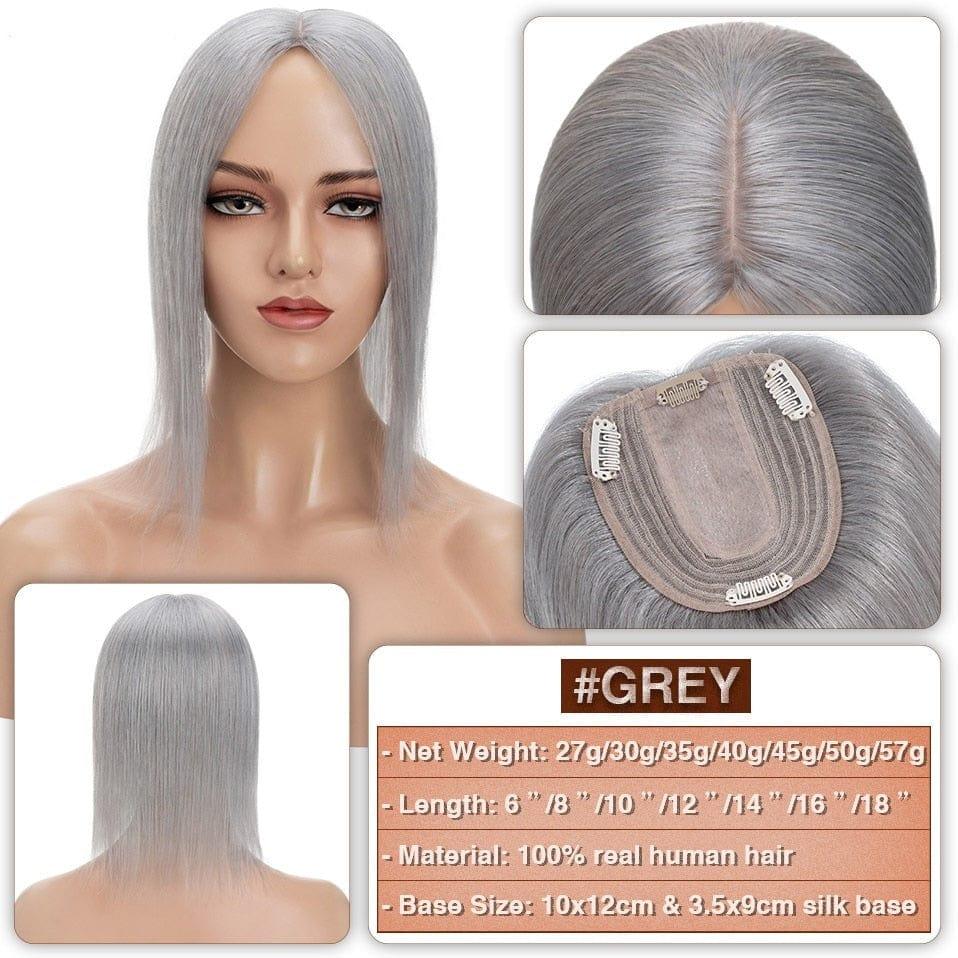 Gray Hair Topper on a mannequin head with close-up details and product information.