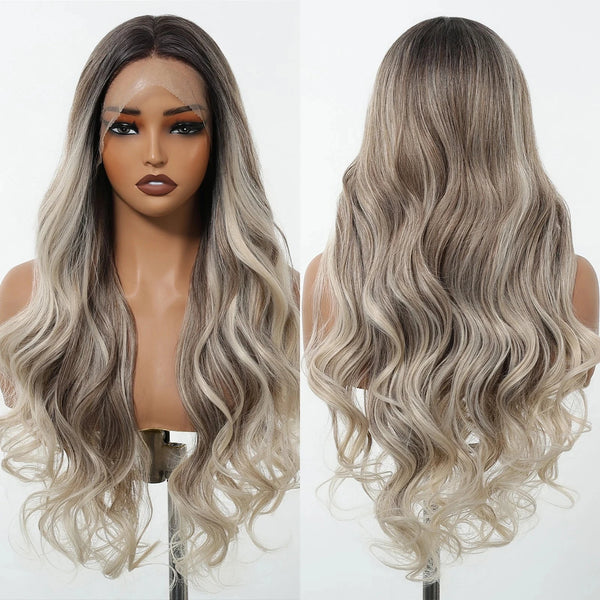 Gray and blonde ombre wig on a mannequin head with a plain background
