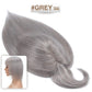 Gray hair extension with '#GREY' label and a mannequin head wearing it on a white background.