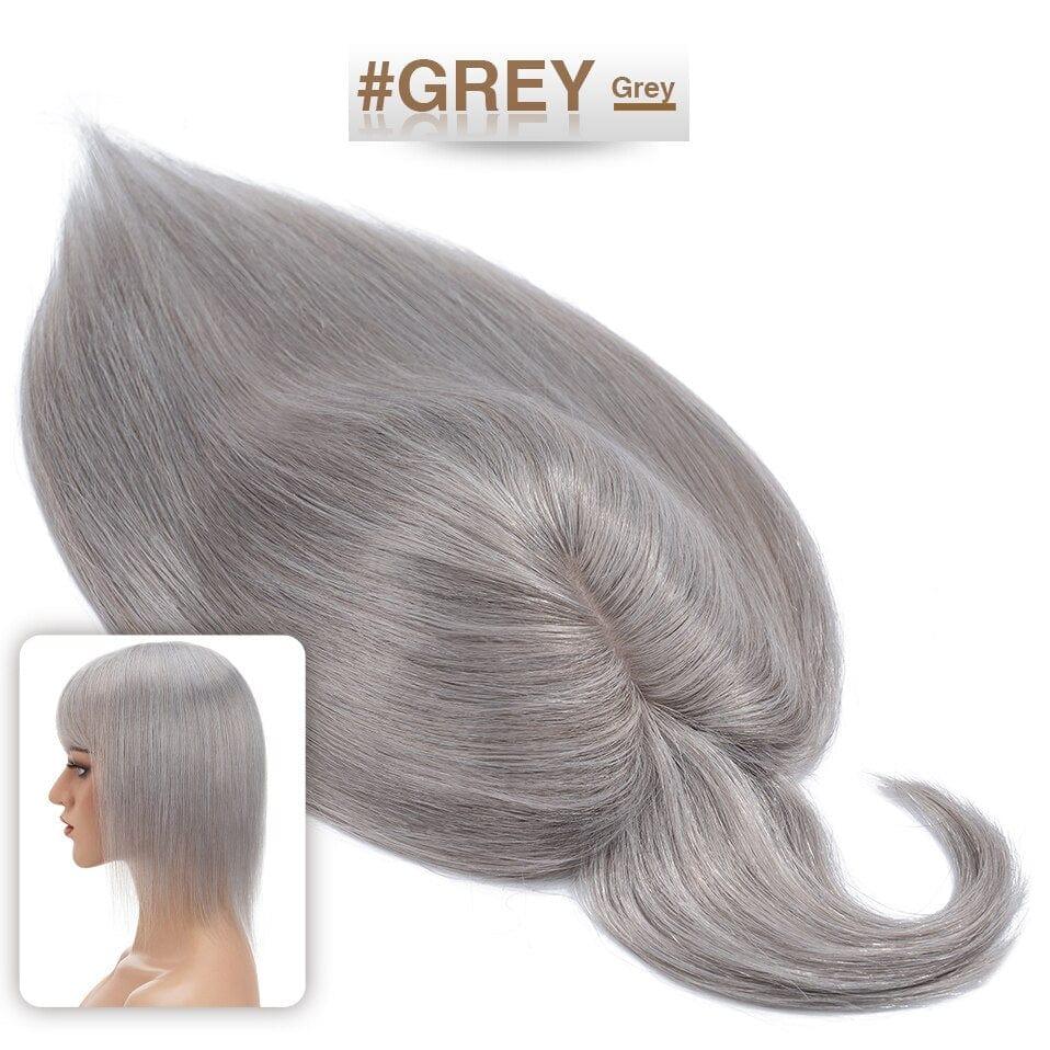Gray hair extension with '#GREY' label and a mannequin head wearing it on a white background.