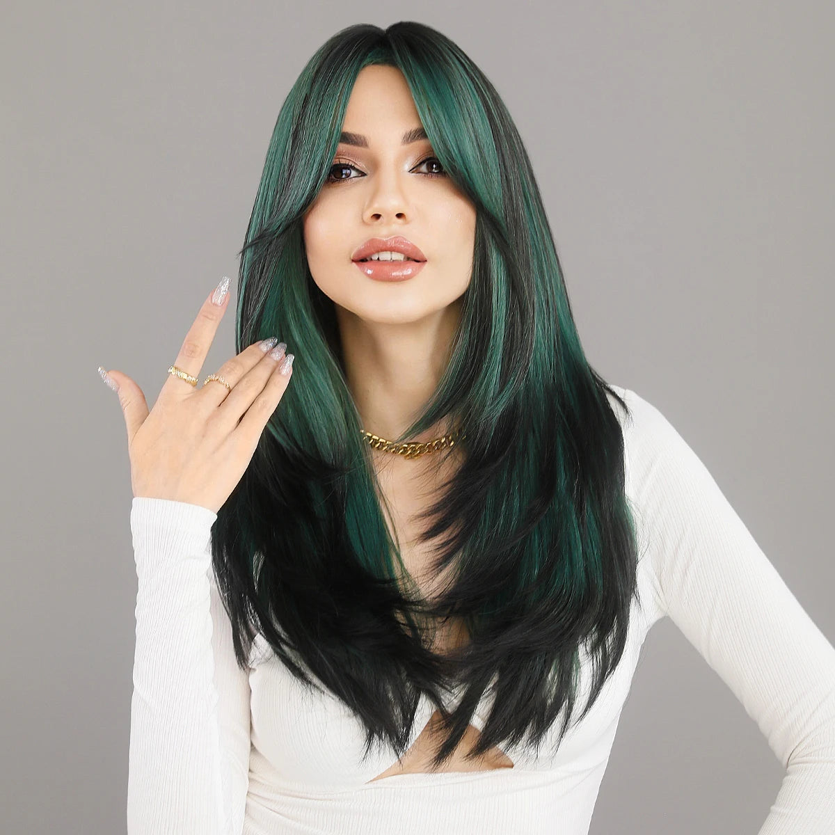 Green Hair Wig Layered