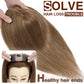 Hair Topper being held up with text 'Solve Hair Loss Trouble' and 'Healthy hair ends' on a white background.