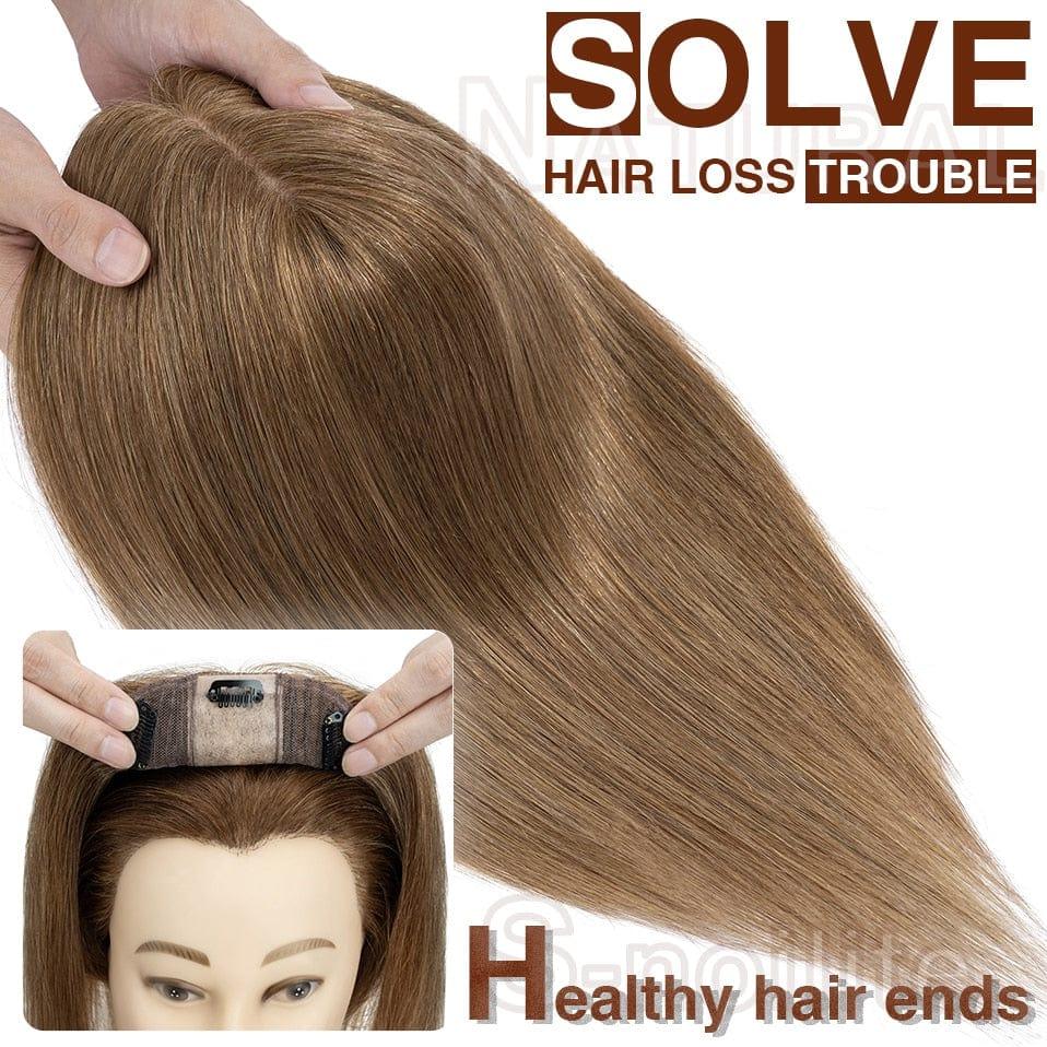 Hair Topper being held up with text 'Solve Hair Loss Trouble' and 'Healthy hair ends' on a white background.
