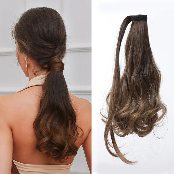 Hair extension shown in a ponytail on a person and on a white background.