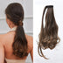 Hair extension shown in a ponytail on a person and on a white background.