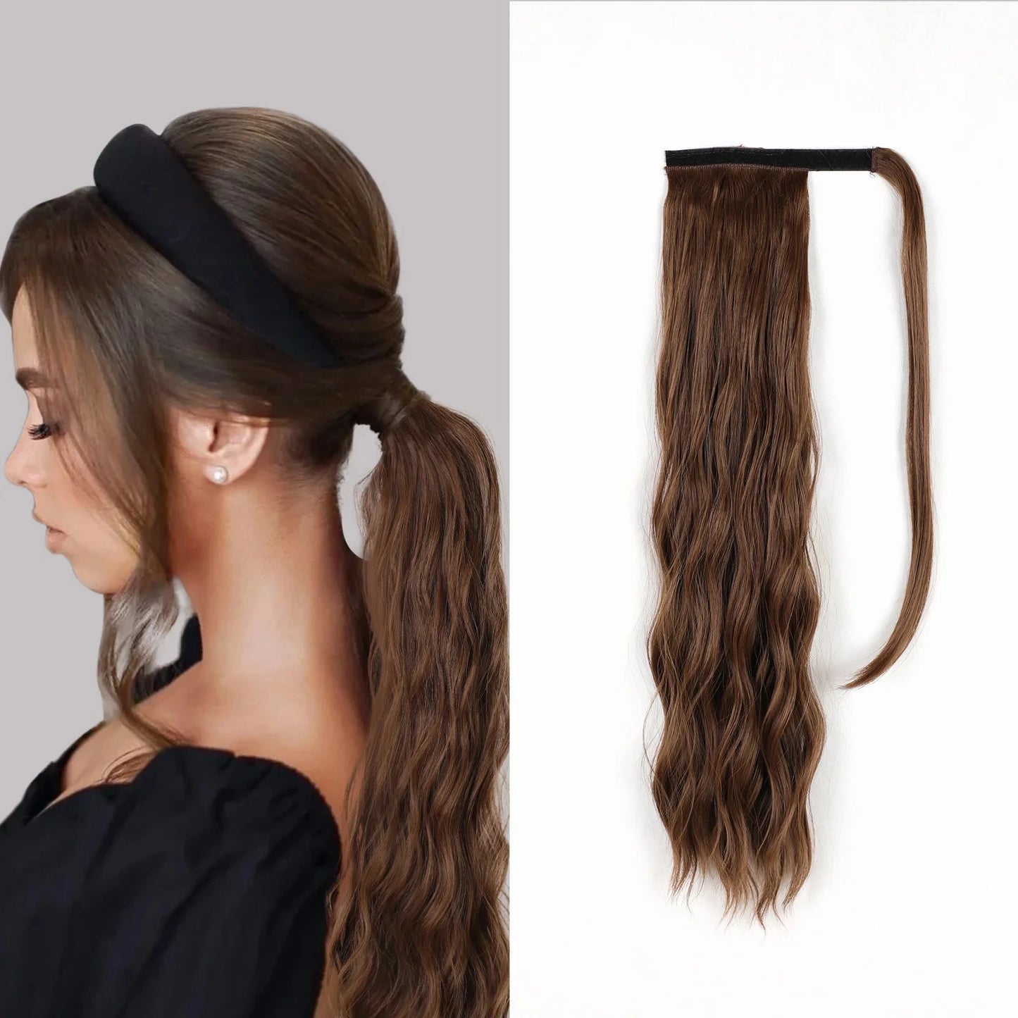 Hair extension shown on a model and separately on a white background