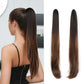 Hair extension shown on a model and two views of the product on a white background