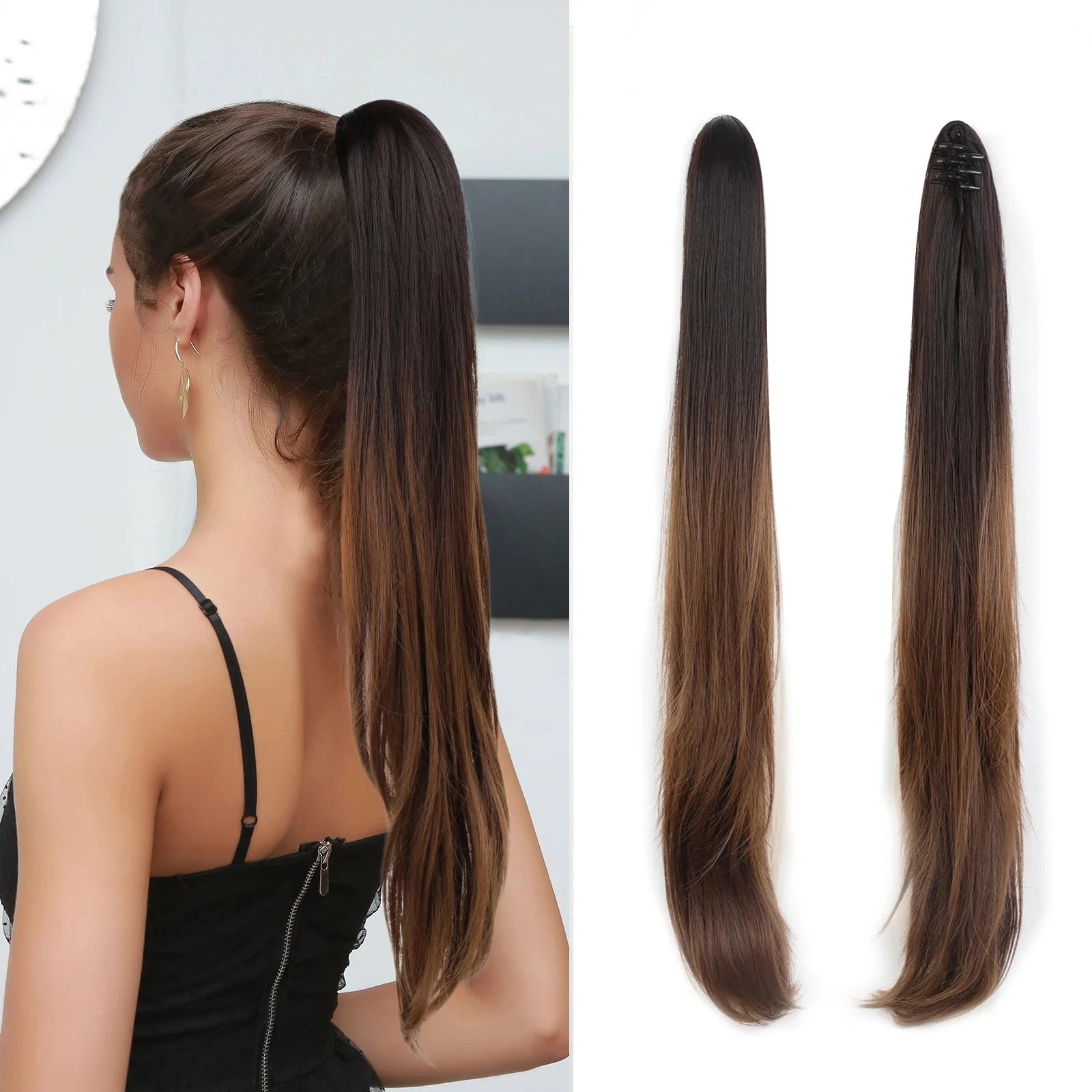 Hair extension shown on a model and two views of the product on a white background