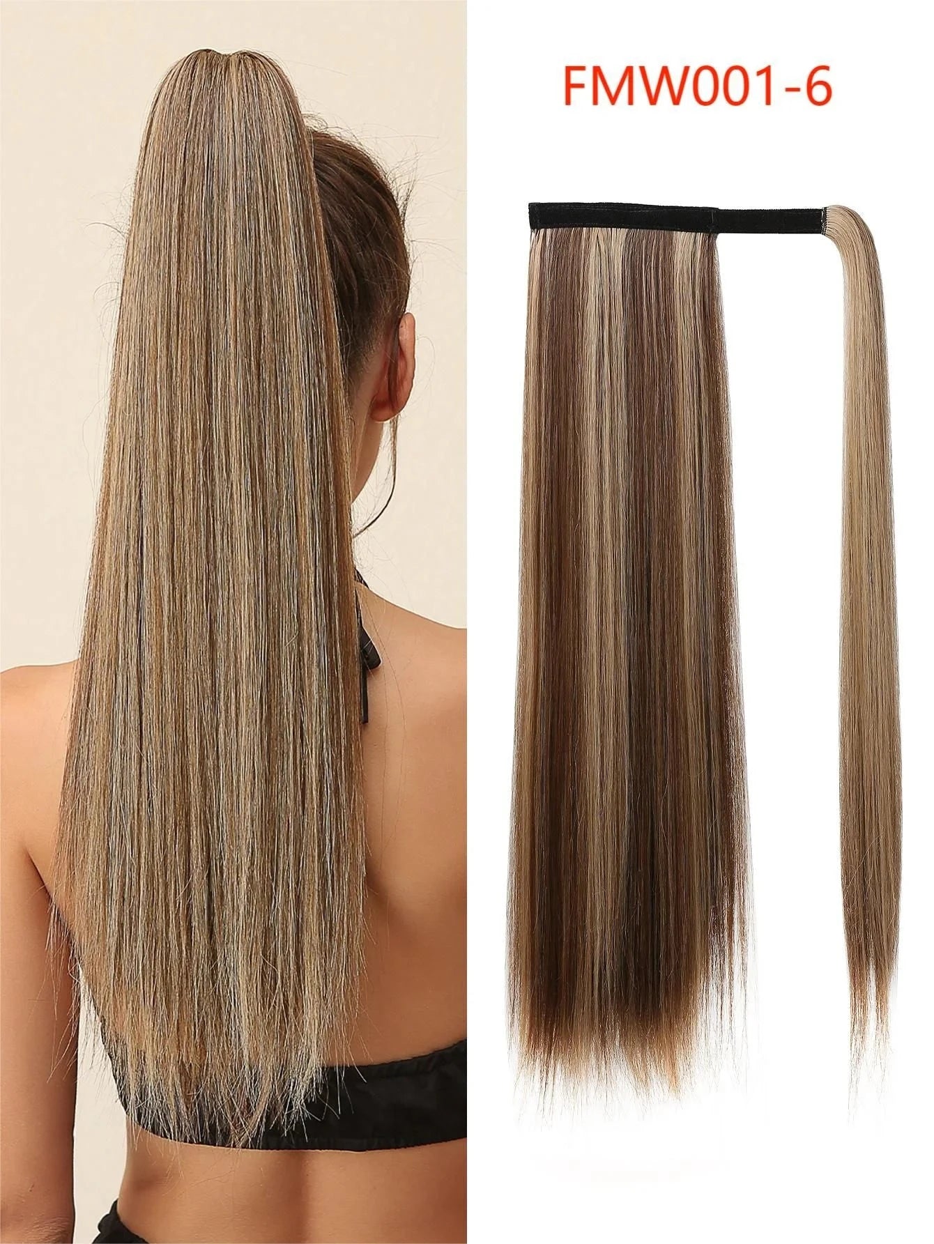 Hair extension with a ponytail holder on a beige background, featuring color code FMW001-6.
