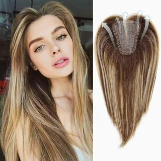 Hair topper for thinning crown on female model – natural brunette and blonde shade
