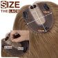 Hair topper with measurements and a hand demonstrating its use on a brown background.