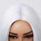 Hairline view of white long wavy wig shown on model and mannequin 