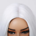 Hairline view of white long wavy wig shown on model and mannequin 