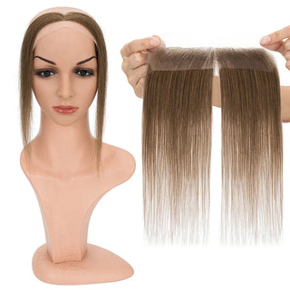 Hairline topper in medium brown color #4, 10-inch length, 100% human hair with lace front shown on mannequin