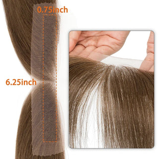 Hairline topper lace dimensions showing 6.2 inch wide and 0.7 inch deep lace area on human hair piece