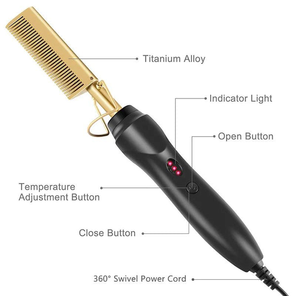 Heated pressing comb for wigs and edges
