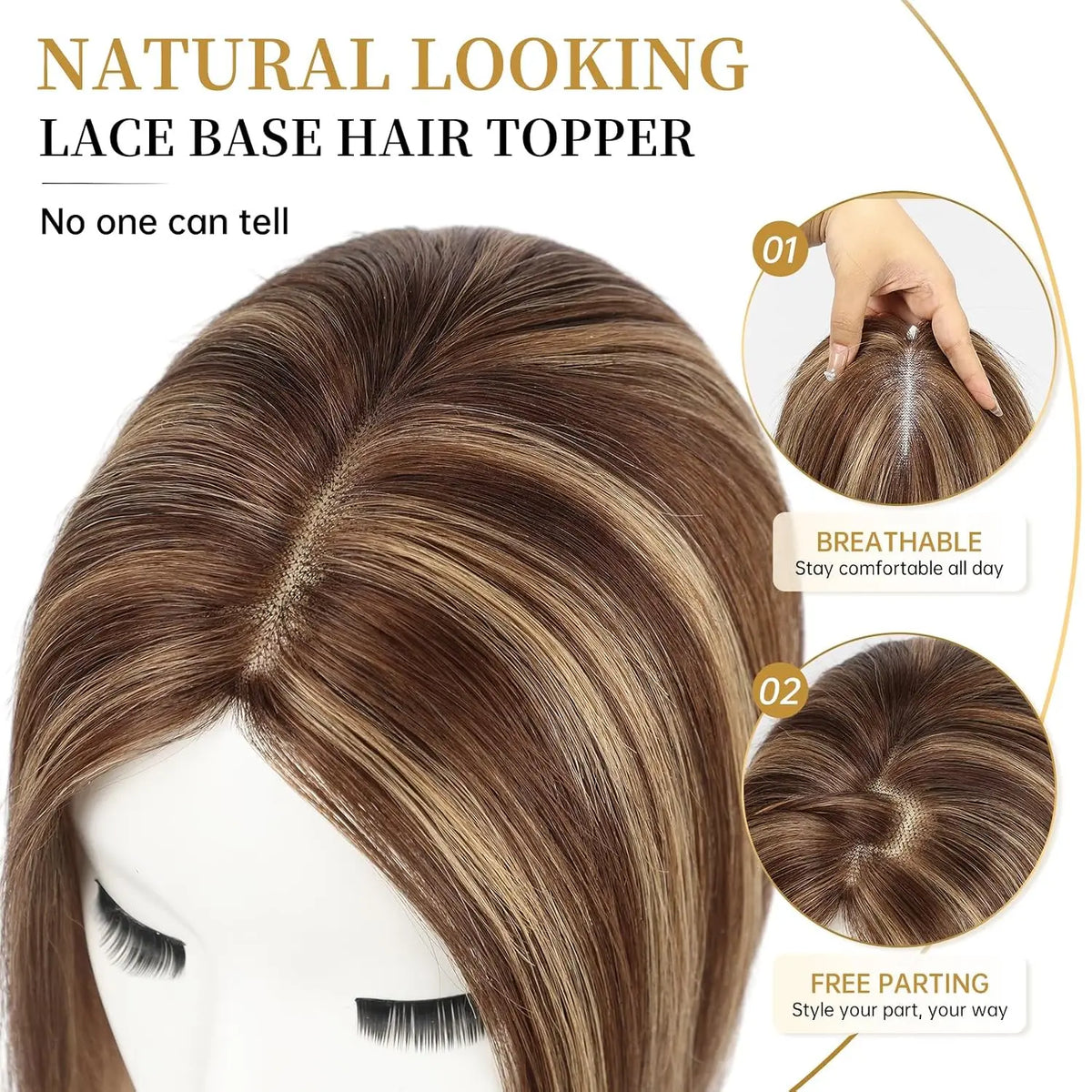 Highlighted Brown Hair Topper with a Free Parting