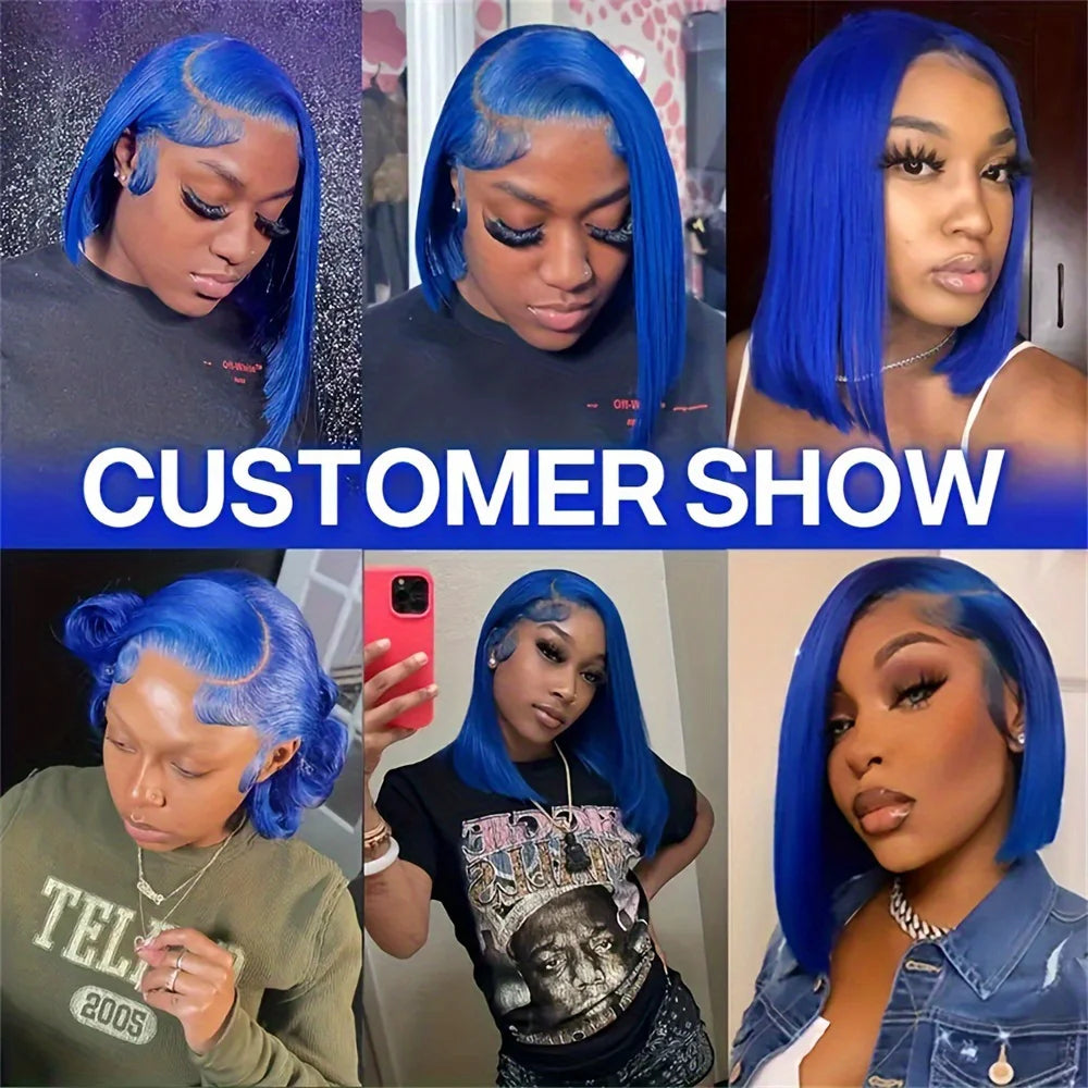 Human Hair Blue Wig Customer Photos