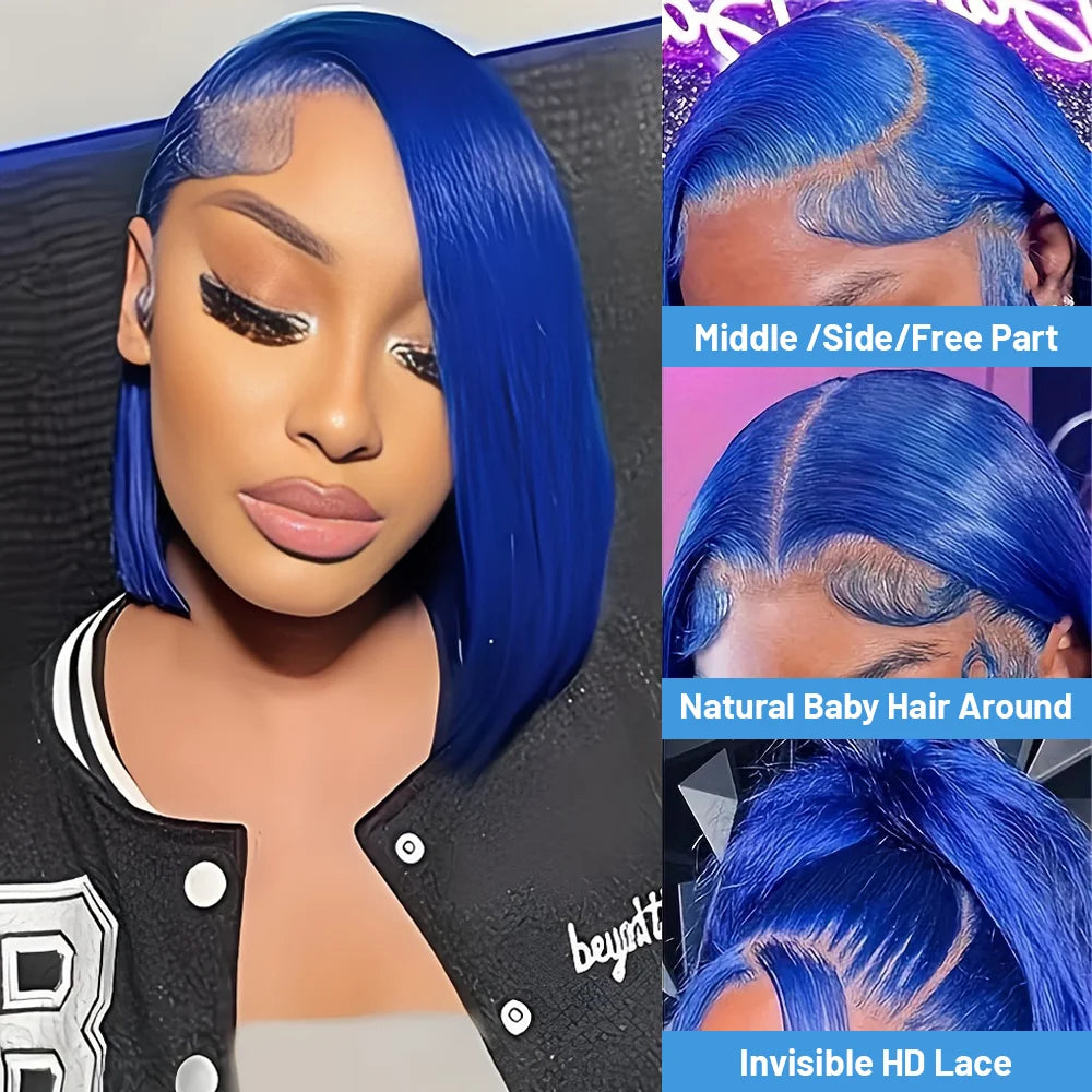 Human Hair Blue Wig Invisible Lace