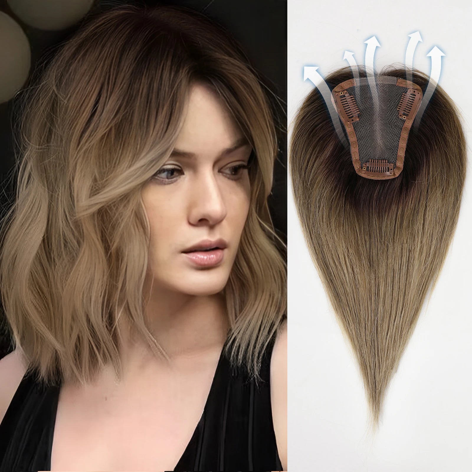 Human hair topper providing natural crown coverage for thinning hair