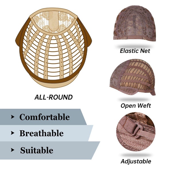 Illustration of a wig cap with features labeled on a white background