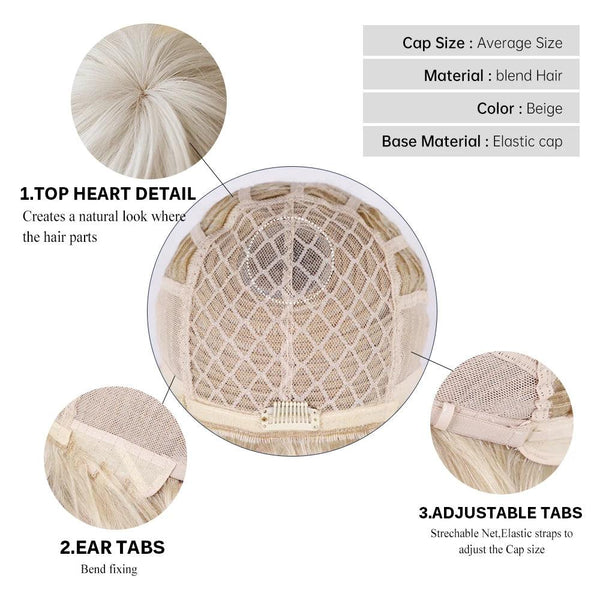 Interior construction of a short blonde wig showing top heart detail for natural parting, bendable ear tabs, and adjustable elastic straps on a beige stretch cap