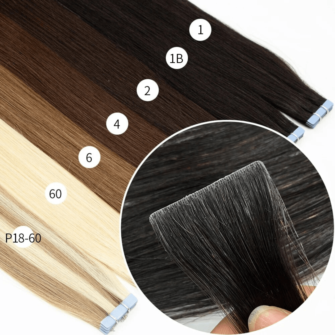 Invisible Tape in hair extensions with color options labeled on a white background