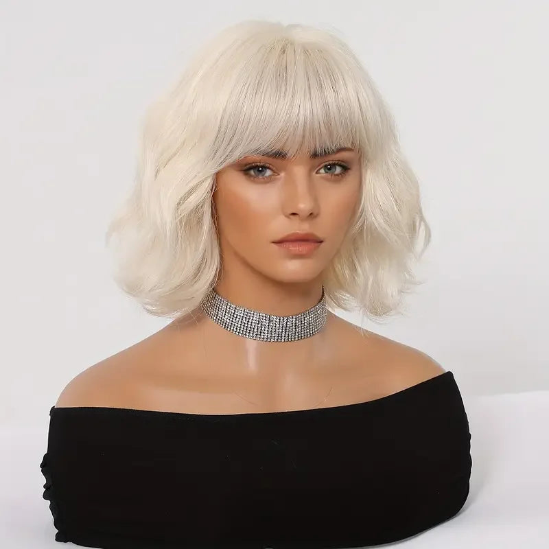 Lifelike synthetic blonde wig styled with layered waves and full fringe