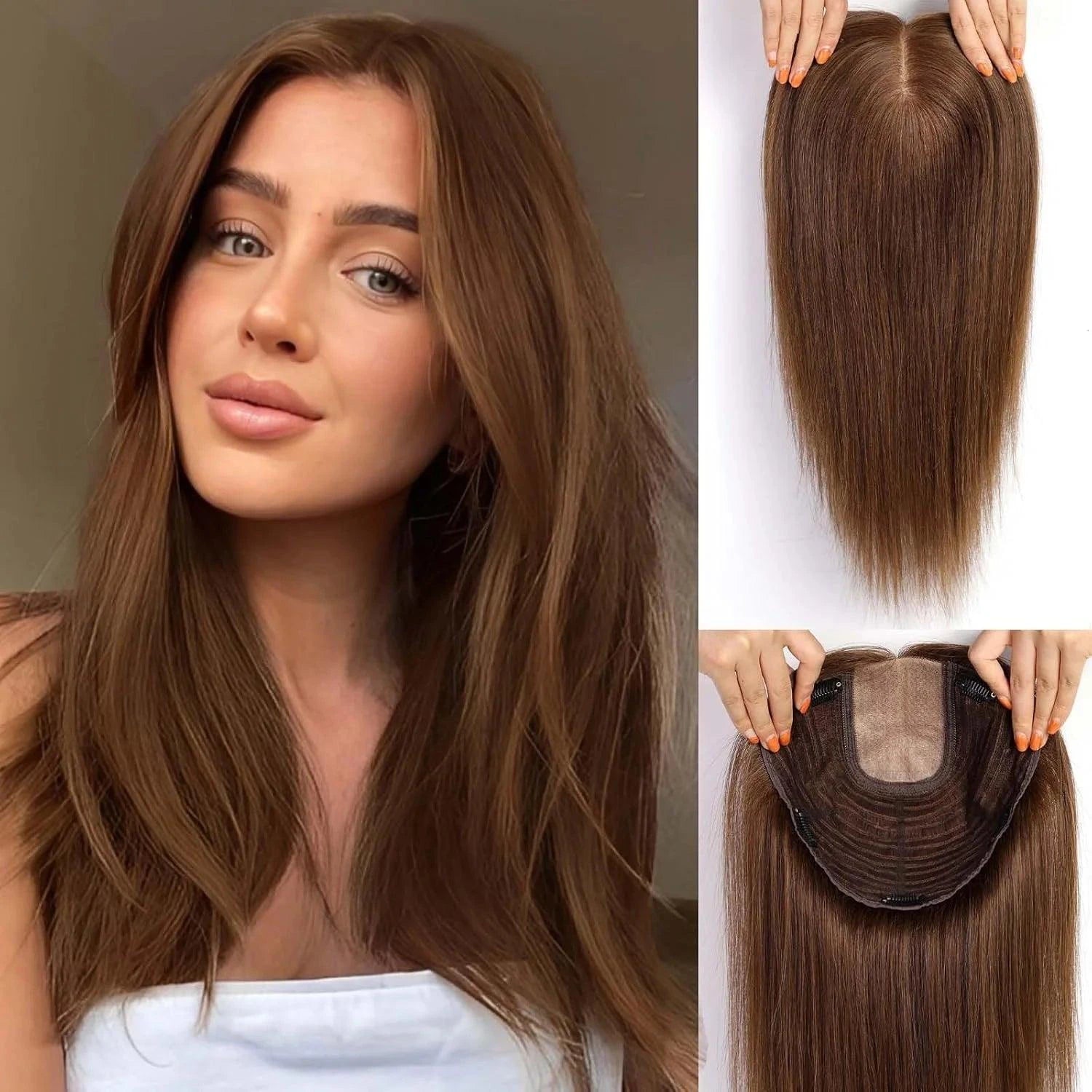 Light Brown Clip-In Wiglet for Thinning Hair – Top View with Scalp Base