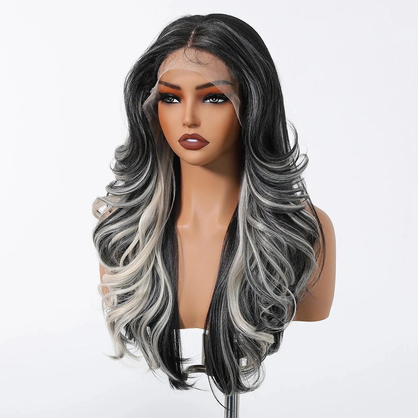 Long Black Wig with Grey Strands