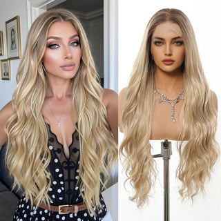 Comparison of a person wearing a Long blonde wig and the wig on a mannequin head.