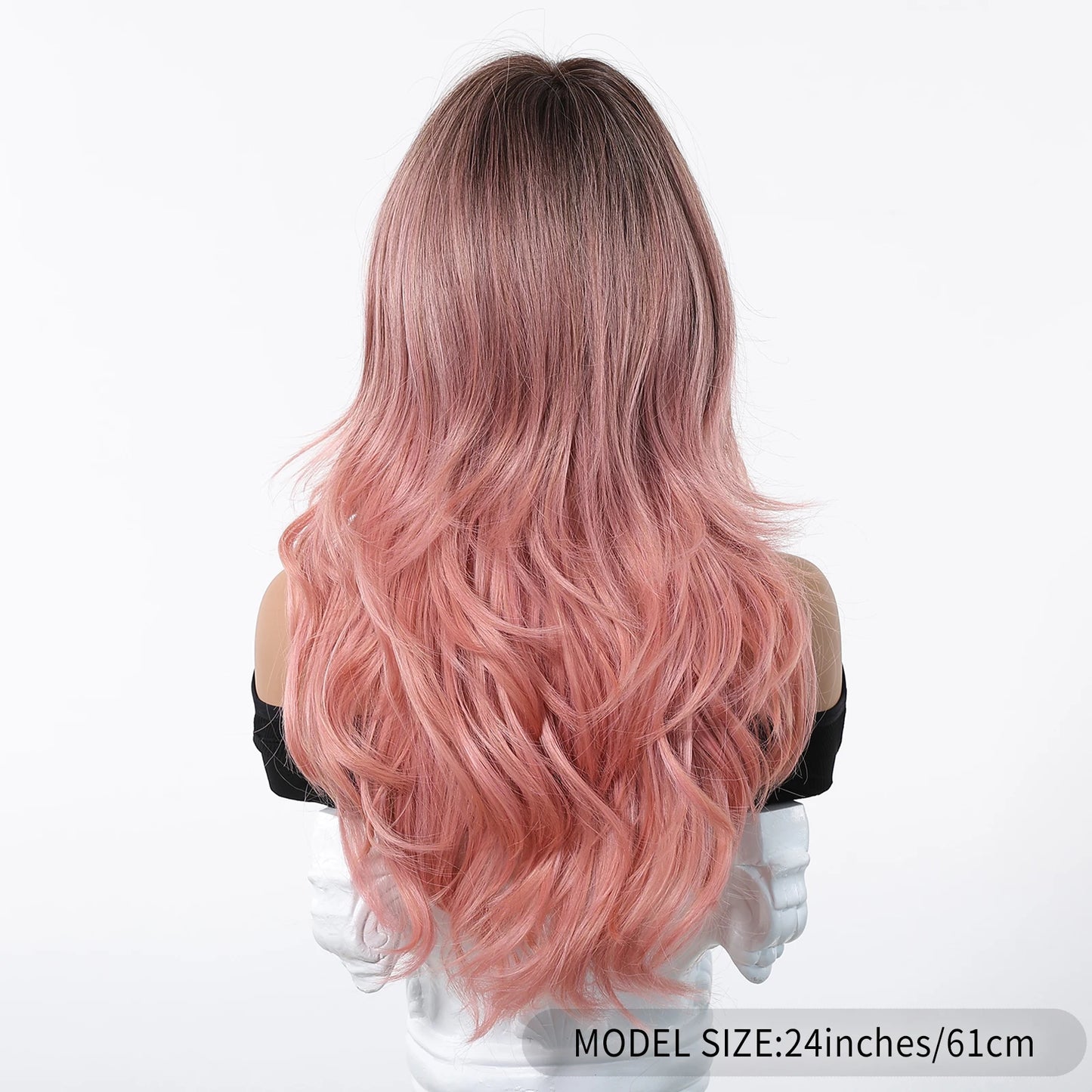 Long Pink Wavy Wig Rear View